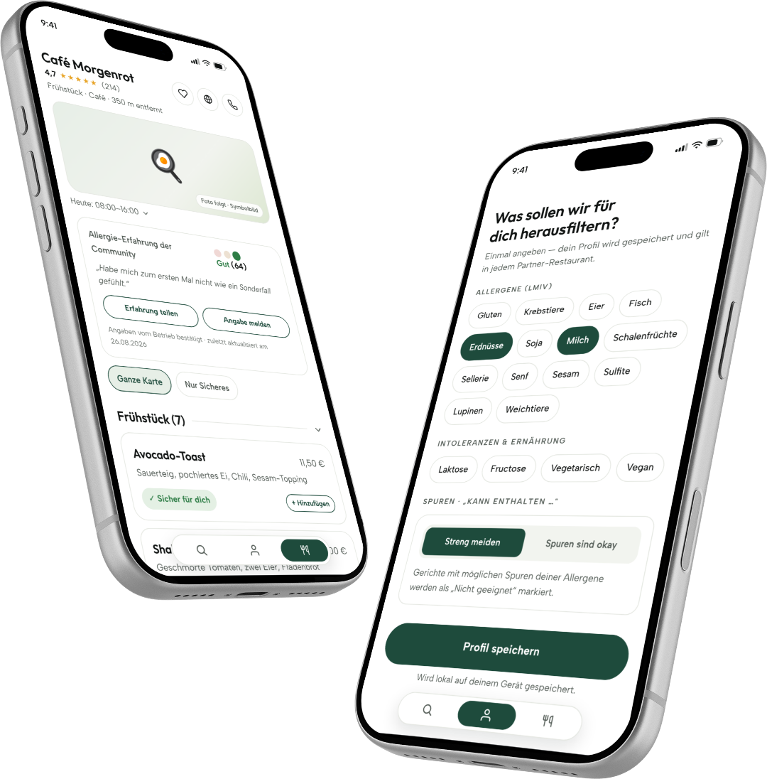 Zwei iPhone 17 Pro mit der ALLERGEN-App: gefilterte Speisekarte und Allergieprofil